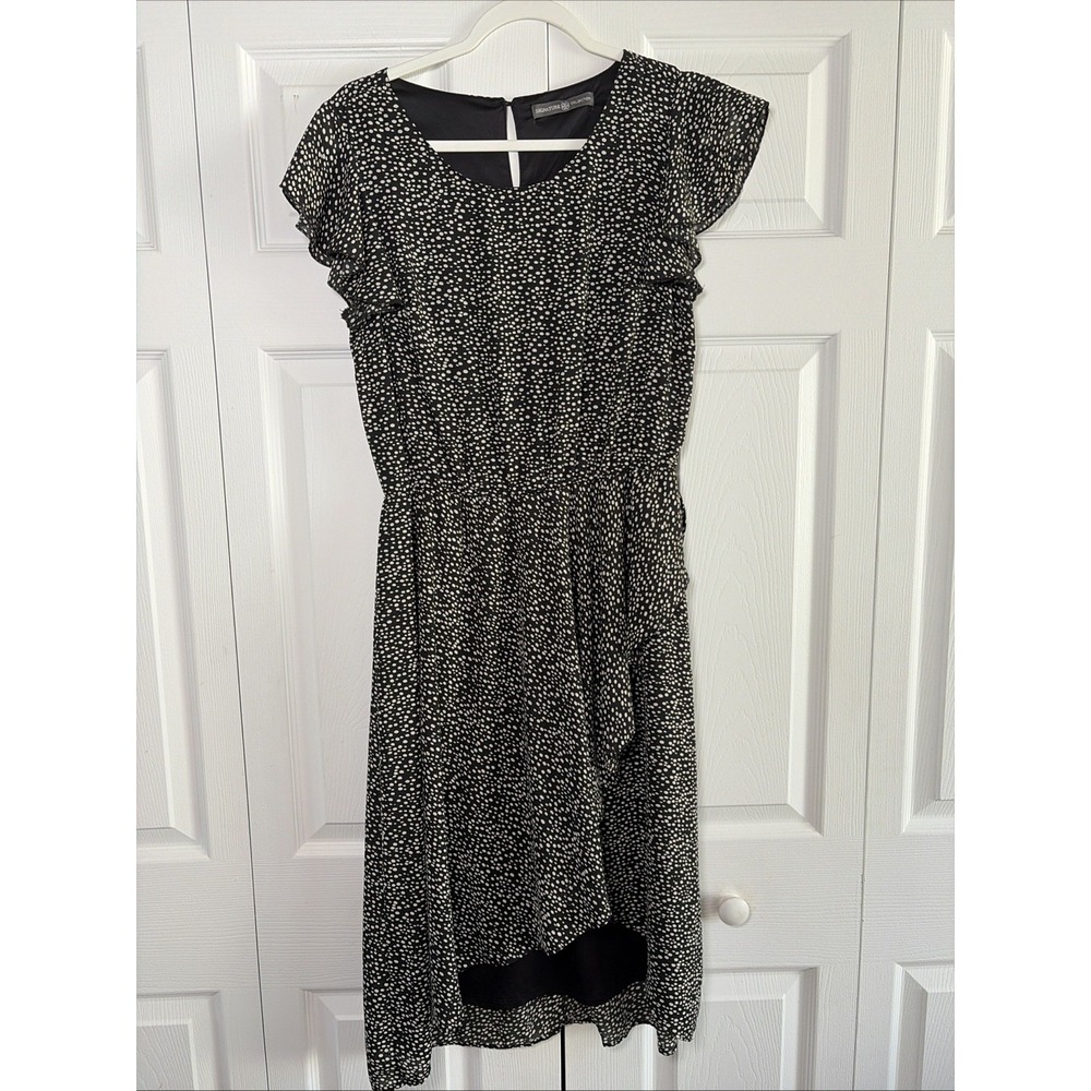 Signature Collection Polka Dot Ruffle Midi Dress Womens Size M 10-12 Black White